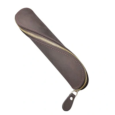 Afbeelding van Lederen etui, S vorm, vintage potloodetui, pennenetui, pennenhouder, leren pennenetui met ritssluiting voor school, werk, kantoor