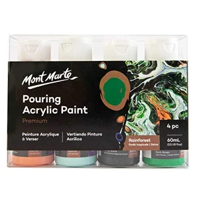 Afbeelding van Mont Marte Acrylverf Pouring Set Regenwoud 4 stuks x 60ml Premium voorgemengd met Medium Koraal, Licht Aquamarijn, Donkergroen, Lamp Zwart