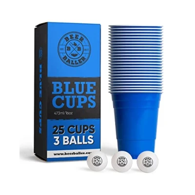 Afbeelding van BEERBALLER® Blue cups 25 blauwe Beer Pong &amp; 3 bierpong balletjes vaatwasmachinebestendig herbruikbaar 473ml 16oz party cup set Original American Beerpong