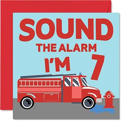 Afbeelding van 7e verjaardagskaart jongen brandweerwagen Happy Birthday Card 7 jaar oude jongen, jongenskaarten voor hem, 145 mm x wenskaart zoon, broer, kleinzoon, neef, god zevende verjaardag