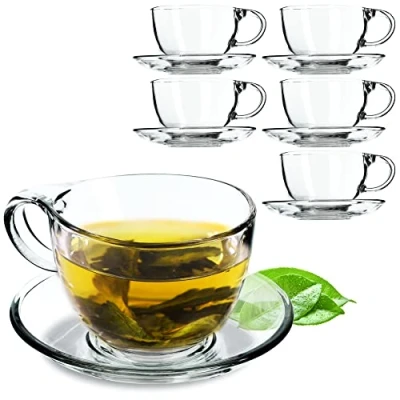 Afbeelding van KADAX glazen beker met onderzetter, 200 ml/250 ml, transparante set kopjes, theekopjes, koffiekopjes, kopjes onderbord, onderzetter (Lea / 6 stuks)