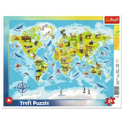 Afbeelding van Trefl, Framepuzzels, Wereldkaart met Dieren, 25 Stuks, voor kinderen vanaf 4 jaar