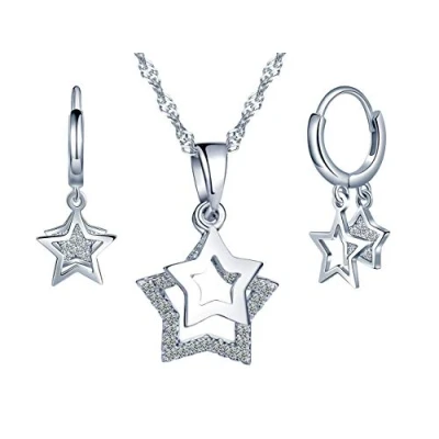 Afbeelding van Yumilok Dameshalsketting met sterhanger, dames, oorringen, creolen, oorstekers, zirkonia, 925 Sterling zilver, sieradensets voor vrouwen en meisjes, Zirkonia