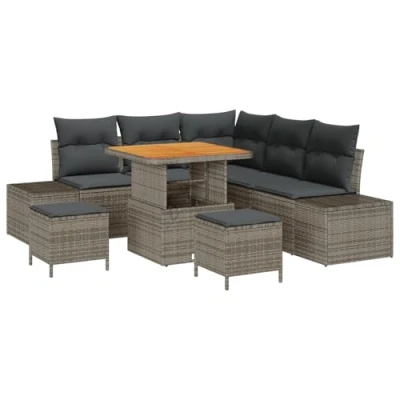 Afbeelding van vidaXL 8 delige Tuin Sofa Set met Kussens Grijs Poly Rattan Acacia, 2 zits Rattan, 3 Eetset Acacia