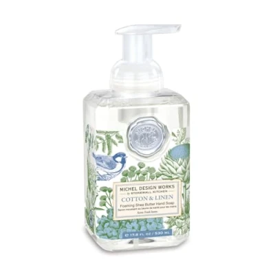 Afbeelding van MICHEL DESIGN WORKS 0 Schuimende handzeep, 40 ml, katoen &amp; linnen geur en design, sheaboter aloë vera mix, mooie vierkante container met pomp