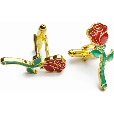 Afbeelding van Manchetknopen Roos Bloemen Rood met Groen Goud