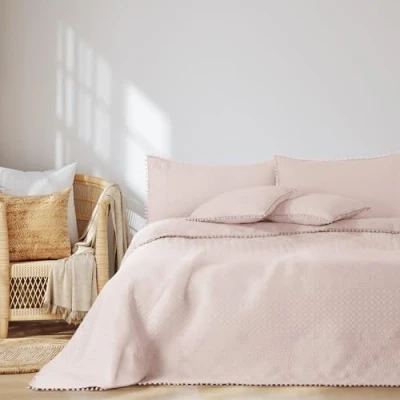 Afbeelding van AmeliaHome Sprei met pompons 260 x 280 cm bedsprei dubbelzijdig ultrasoon stiksel polyester Meadore poederroze