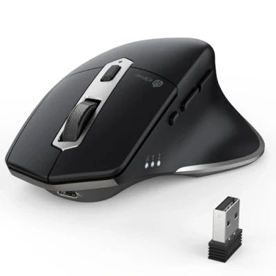 Afbeelding van iClever draadloze bluetooth muis, oplaadbare ergonomische muis draadloos voor laptop PC computer, Mac OS, Android, Windows, zilver en zwart