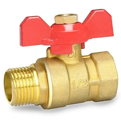Afbeelding van Oumuik Messing 1/2 inch kogelkraan met rode vleugelgreep buitendraad/binnendraad volledige doorgang DN15 PN16