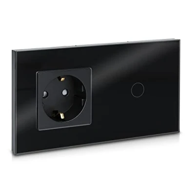 Afbeelding van Navaris touch lichtschakelaar met stopcontact Lichtknop haptic Inbouwschakelaar glazen frame Wandschakelaar lampje Zwart