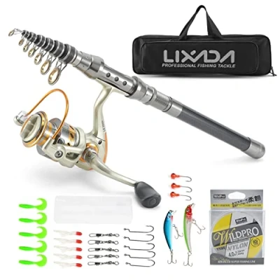 Afbeelding van Lixada telescopische hengel en reel combo volledige kit spinning visserij haspel gear pole set met 100 m vislijn, visaas haken jig head, vissen draag tas hoes (2,1 m)