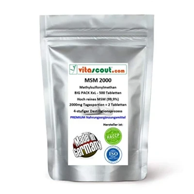 Afbeelding van MSM methylsulfonylmethaan 500 tabletten 2000 mg dagelijkse portie (= 2 tabletten) 99,9% zuiverheid laboratorium getest Made in Germany hoge dosering