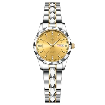 Afbeelding van JewelryWe Zakelijke Analoge Quartz Horloges: Mannen Vrouwen Jurk Waterdicht Lichtgevende Datum Kalender Dial Rvs Luxe Multifunctionele Paar Polshorloge, W zilvergoud, Adult