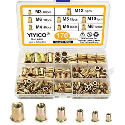 Afbeelding van YIYICO klinkmoeren blindklinkmoeren M3 M4 M5 M6 M8 M10 M12 set 170 stks koolstaal draad platte kop schroefdraad intrekmoeren