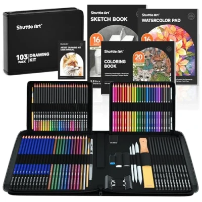 Afbeelding van Shuttle Art Set van 103 schets en tekenpotloden, schetspotloodset met kleurpotloden, schetsboeken, grafietpotloden in stevig etui rits, kunstbenodigdheden voor kunstenaars, beginners, volwassenen