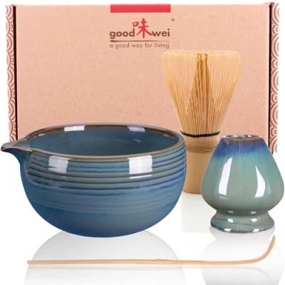 Afbeelding van Goodwei matcha set met garde, lepel en kom gardehouder van keramiek in bijpassend design Kunstig vervaardigde chawan tuit (Menouseki)