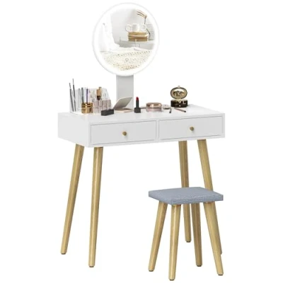 Afbeelding van Homcom make uptafel met spiegel en kruk, led instelbare helderheid 3 kleuren, gestoffeerde 2 laden organizer, wit