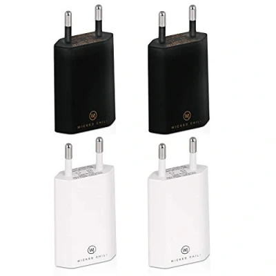 Afbeelding van Wicked Chili 4x Pro Series Power Adapter USB compatibel met Apple iPhone, Samsung Galaxy/Mobile Phone Charger, Smartphone Plug (1A, 5V) zwart, wit