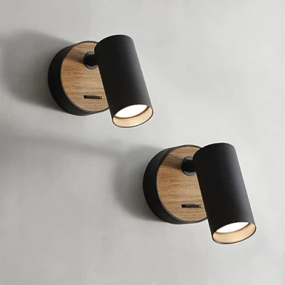 Afbeelding van ouglres Zwarte wandlamp met schakelaar, 2 stuks van hout in retrodesign, wandspot aluminium, binnenverlichting, woonkamer, slaapkamer, GU10 (lamp niet inbegrepen)