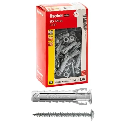 Afbeelding van Fischer 100 x pluggen SX Plus SP met cilinderkopschroef 6 30 mm voor volledige muur, gatenbaksteen, metselwerk, beton, het bevestigen van kroonluchters, meubels, wandkasten, rekken, 567628