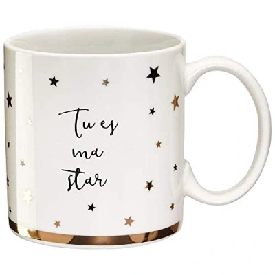 Afbeelding van DRAEGER Paris Mok Black &amp; Gold Fine Porselein, Tu ES ma Star, cadeau idee voor vriendin, collega, moeder bewondering, theemok met geschenkdoos