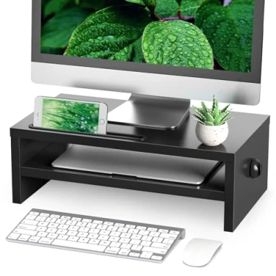 Afbeelding van Rfiver Monitorstandaard monitor stand schermverhoging houten onderbouw scherm laptop standaard tafel verhoging voor PC computermonitoren notebook printer met mobiele telefoonhouder &amp; kabelgeleiding 425 mm zwart