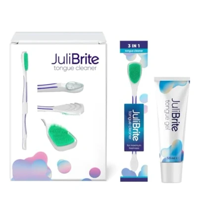 Afbeelding van JuliBrite® Tongreiniger en Tong Gel (50ML) 3 in 1 Tongschraper Reinigt Witte Aanslag Tegen Slechte Adem Halitose &amp; Beslagen