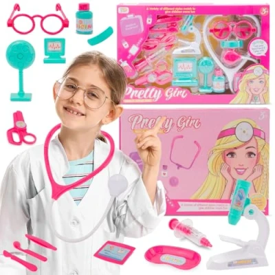 Afbeelding van sun baby Kleine dokter Set 3+ 14 accessoires (stethoscoop, spuit, bril, microscoop en meer), naamplaatje voor de gegevens van