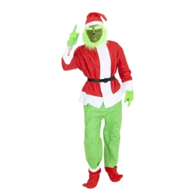 Afbeelding van Rubies Grinch kostuum voor volwassenen, jas met broek en riem, laarsmanchetten, handschoenen, muts masker, groen monster Kerstmis, cosplay, kerstman