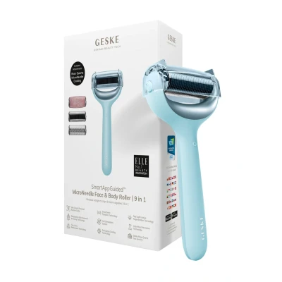 Afbeelding van GESKE SmartAppGuided™ MicroNeedle Face &amp; Body Roller 9 in 1 rozenkwarts Elektrische dermaroller Microneedling apparaat Schoonheidsroller voor gezicht en lichaam