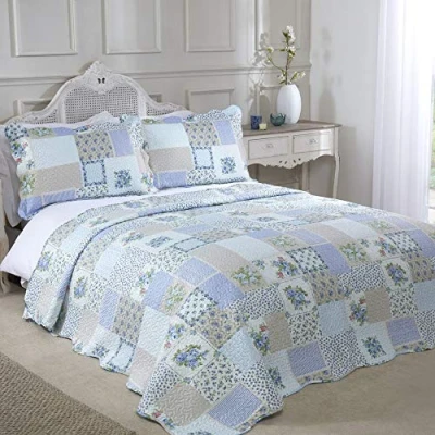 Afbeelding van Emma Barclay Cotswold Gewatteerde patchwork sprei set in blauw eenpersoons