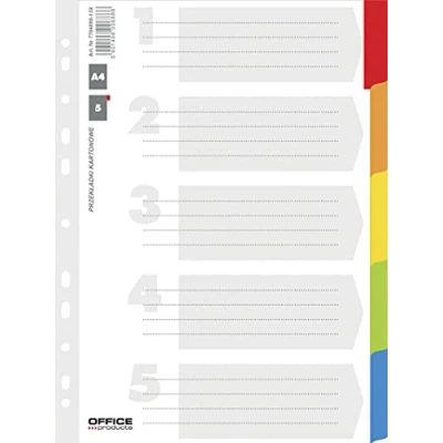 Afbeelding van OFFICE PRODUCTS 21070511 99 kartonnen register, A4, 227 x 297 mm, 5 delig met gelamineerde gekleurde tabbladen gesorteerd