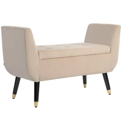 Afbeelding van HOMCOM Luxus Sitzbank Polsterbank mit Stauraum Armlehnen Truhenbank Samtartiges Polyester Gummiholz Beige 107 x 42 65 cm