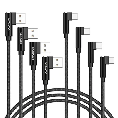 Afbeelding van aceyoon Set van 4 USB C kabel, gebogen, 90 graden, 2 m + 1 0,5 0,3 m, oplaadkabel naar type C, gevlochten nylon, snel opladen, compatibel met Samsung Galaxy S22, S21, S20, S10, S9,