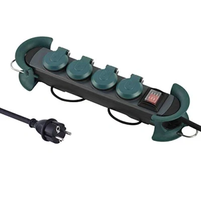 Afbeelding van Electraline 62085 Professionele stekkerdoos voor buiten, 4 geaarde stopcontacten met IP44 stekker, hangend 2 haken, m rubberen kabel H07RN F 3G1.5, zwart/groen