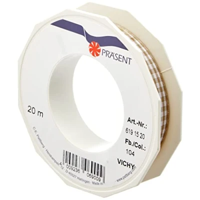 Afbeelding van PRÄSENT VICHY Cadeaulint taupe / wit, 20 m decoratief lint om te versieren en knutselen, 15 mm breed, geruit voor kleurrijke decoraties geschenkverpakkingen, feestelijke gelegenheden