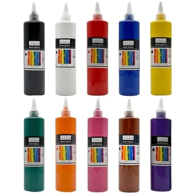 Afbeelding van Acrylverfset. 10 kleuren elk 500 ml. dekkende verf voor canvas, gieten, papier, hout, steen, stof, leer, metaal, keramiek. All purpose verfset (10 x ml)