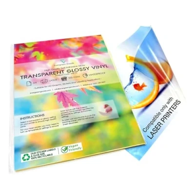 Afbeelding van 10 vellen A4 kwaliteit LASER afdrukbaar helder/transparant VINYL glanzende zelfklevende sticker