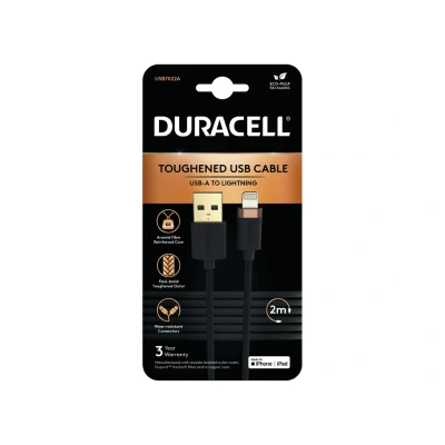 Afbeelding van Duracell 3A MFi USB A naar Lightning Kabel Kevlar 2M Zwart