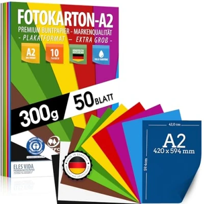 Afbeelding van 50 vellen KLEURRIJK PAPIER DIN A2 300g / m² fotokarton set 10 kleuren knutselpapier &amp; gekleurde karton, kinder doe het zelfvellen, cadeaus, creatief zijn, MADE IN GERMANY
