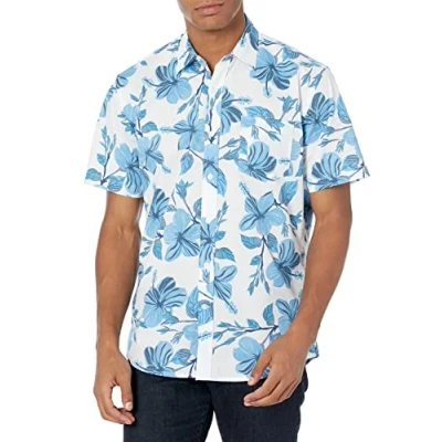 Afbeelding van Amazon Essentials Men&#039;s Shirt met korte mouwen, print en normale pasvorm, Blauw Bloemenprint, L