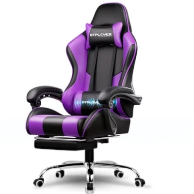 Afbeelding van GTPLAYER Game stoel massage, gaming bureaustoel ergonomische met voetensteun, verstelbare hoofdsteun en lendensteun, in hoogte verstelbaar, Paars