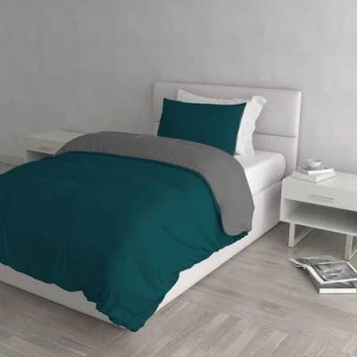 Afbeelding van Italian Bed Linen Natuurlijke Kleur Dekbedovertrek Set met Doubleface Effen Tas Sheet en Kussensloop, 100% Katoen, Petrolgroen/Donkergrijs, kleine dubbele