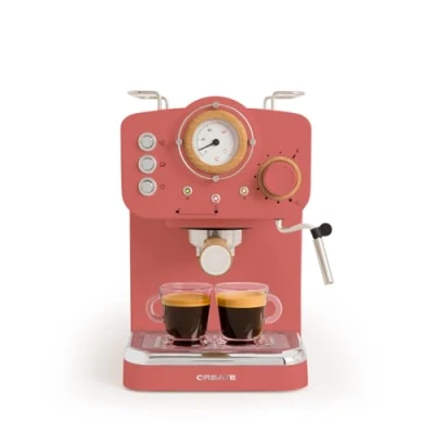 Afbeelding van CREATE / THERA RETRO Semiautomatisch express koffiezetapparaat, mat terracotta en hout 20 bar, dubbele uitgang, tank van 1,25 l, voor gemalen koffie pads 55 mm, met melkschuimer, 1100 W