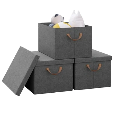 Afbeelding van WOLTU ABB03gbn 3 Opbergdoos met deksel, set van 3, opbergmand, stoffen doos, organizer, speelgoedkist, klapdoos handgrepen, grijs, 43 x 26 33 cm