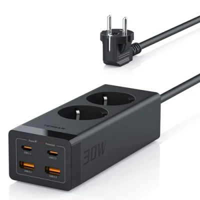 Afbeelding van TESSAN Multiple Socket 3680W, 2 Voudige Stekkerdoos, Stekkerdoos met 4 USB, Meervoudige Stekker Verlengsnoer, Stopcontacttoren Verdeelstopcontact voor Thuis