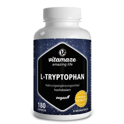 Afbeelding van L Tryptofaan 500 mg Capsules, Veganistisch, Zuiver, Essentieel En Natuurlijk Gefermenteerd Aminozuur, Hoge Dosering, 180 6 Maand Voorraad, Supplement zonder Additieven, Made in Germany