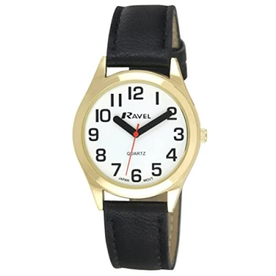 Afbeelding van Ravel Uniseks super gewaagd zicht hulp horloge met grote getallen (36mm) zwart/goudkleurige/witte wijzerplaat