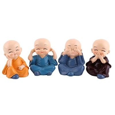 Afbeelding van GOTOTOP 4 stuks kleine monnik beeldje, schattige monniken horen geen kwaad zien spreken doen standbeeld rijkdom geluk beeldje thuis baby