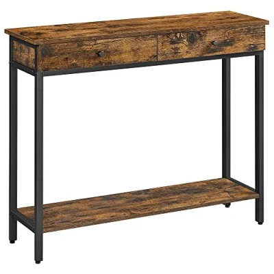 Afbeelding van VASAGLE consoletafel, entreetafel, salontafel met 2 laden, stalen frame, stabiel, voor hal, slaapkamer, woonkamer, industriële stijl, rustiek bruin en zwart LNT015B01